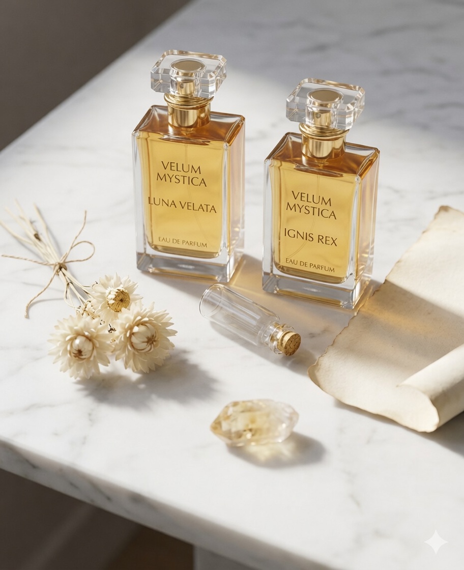 Perfume bottles with aged props on a marble surface