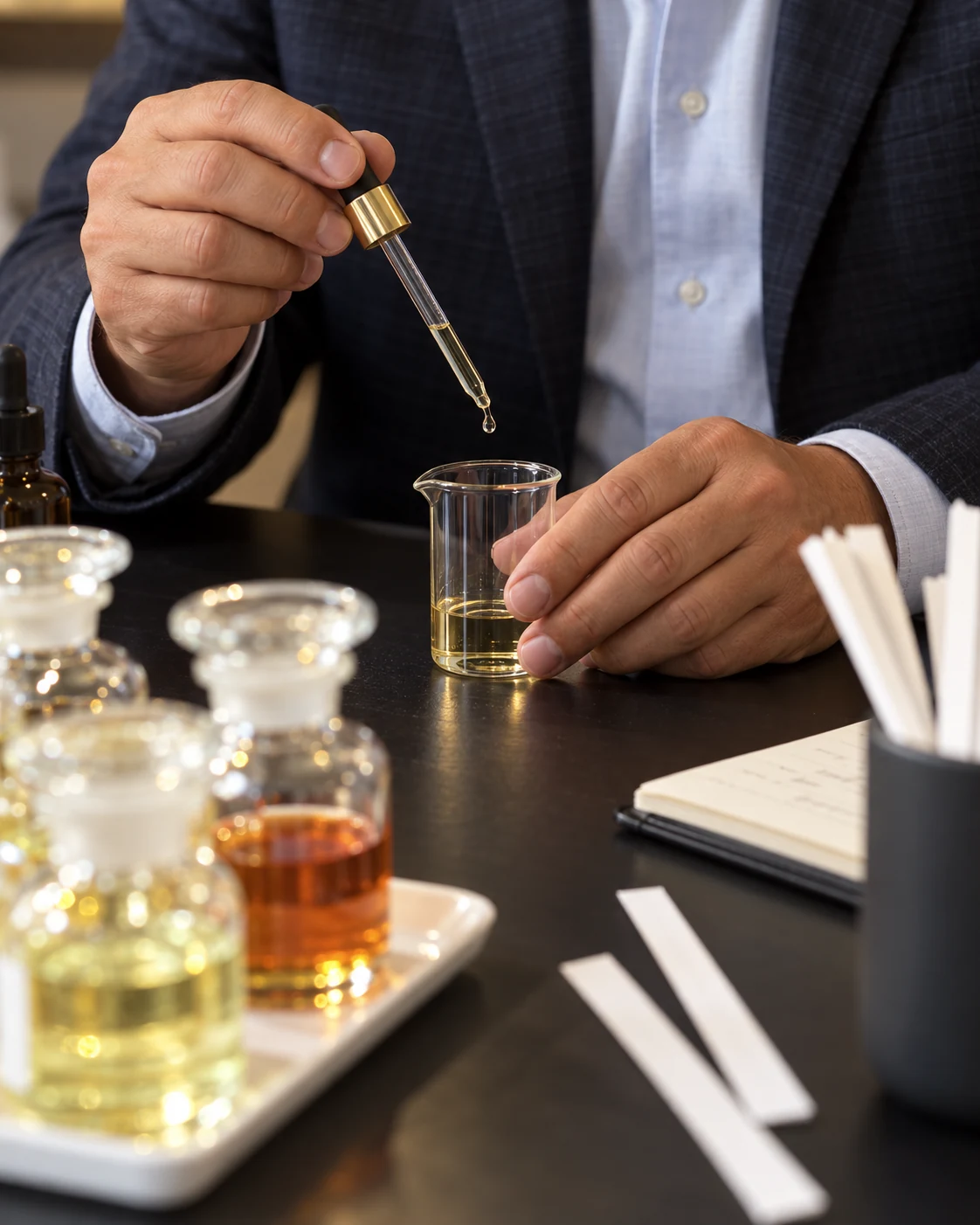 A pipette and glass beaker during fragrance blending