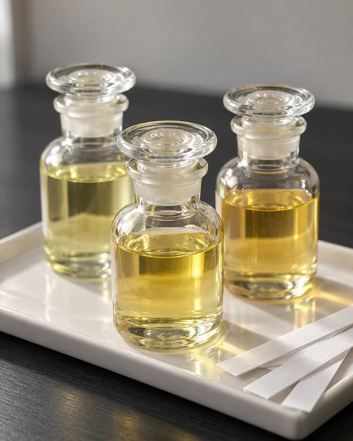 Glass bottles of fragrance materials arranged on the Velum Mystica perfume workbench
