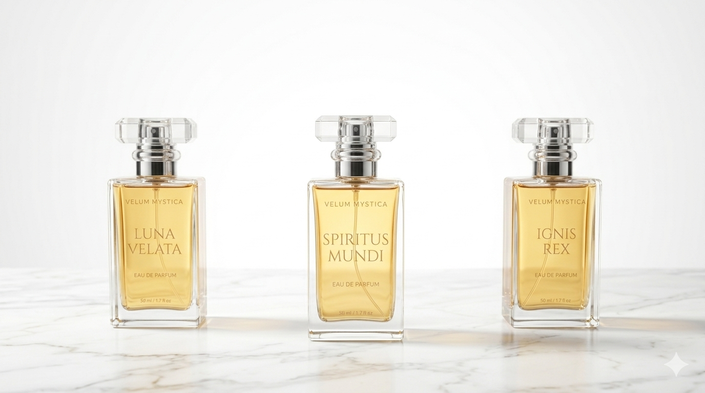 Three Velum Mystica perfume bottles on white marble